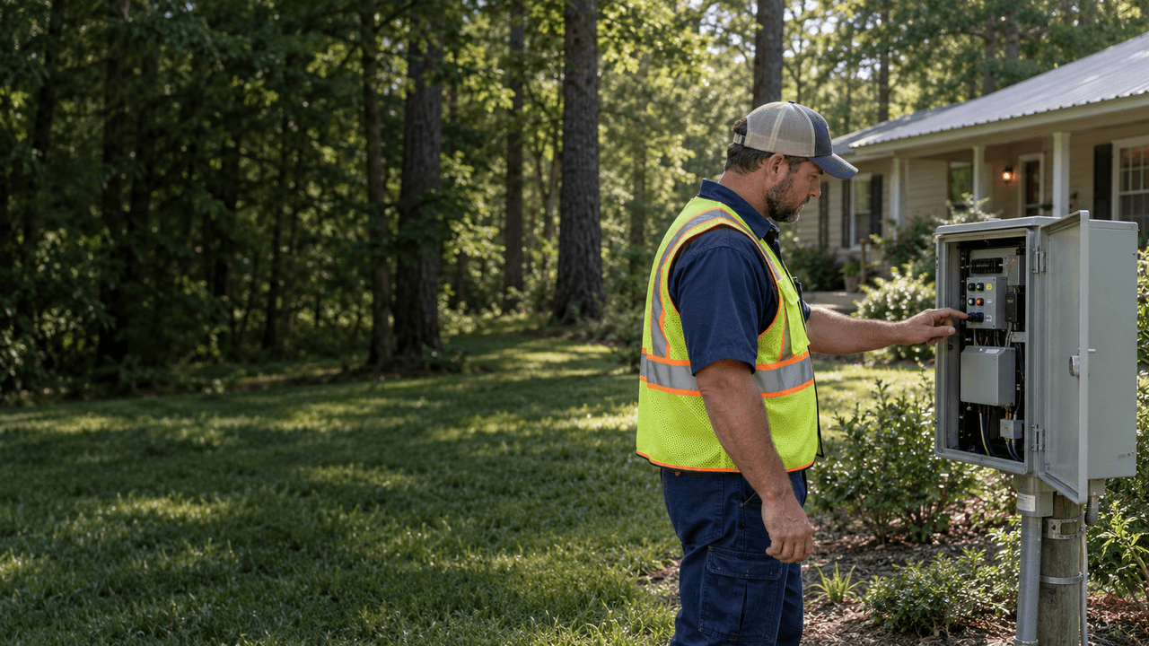 Outdoor Aerobics technician inspecting an aerobic septic control panel at a country home near Huntsville, TX