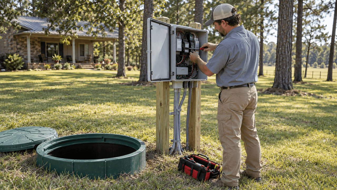 Technician repairing an aerobic septic control panel beside an open tank riser at a rural Texas home