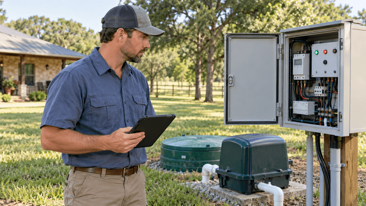 Technician with a tablet performing an aerobic septic system inspection at a rural Texas home