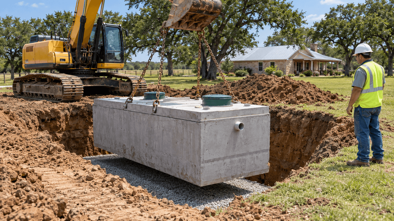 Excavator lowering a concrete septic tank into the ground during an aerobic septic installation at a rural Texas property